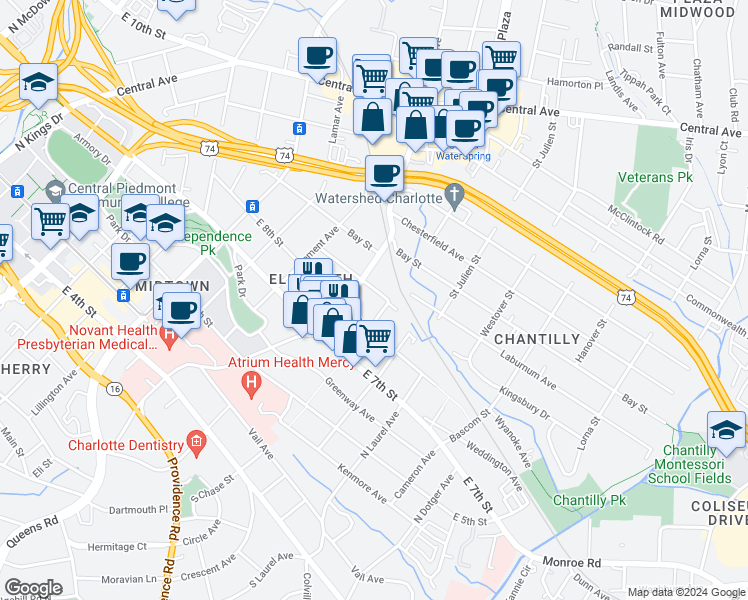 map of restaurants, bars, coffee shops, grocery stores, and more near 2017 East 9th Street in Charlotte