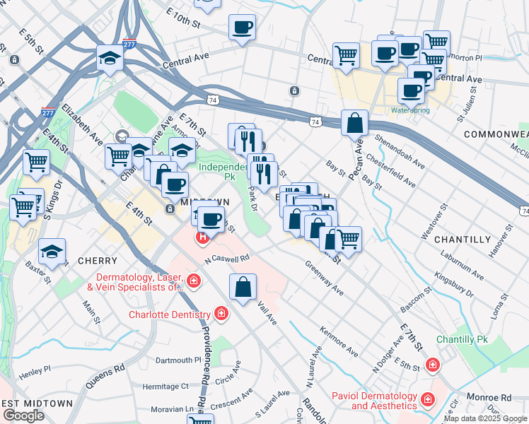 map of restaurants, bars, coffee shops, grocery stores, and more near 1828 East 7th Street in Charlotte