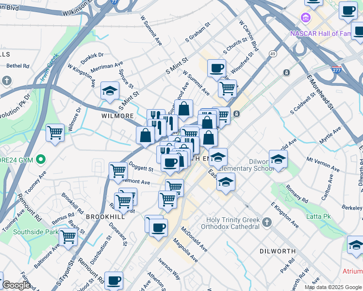 map of restaurants, bars, coffee shops, grocery stores, and more near in Charlotte