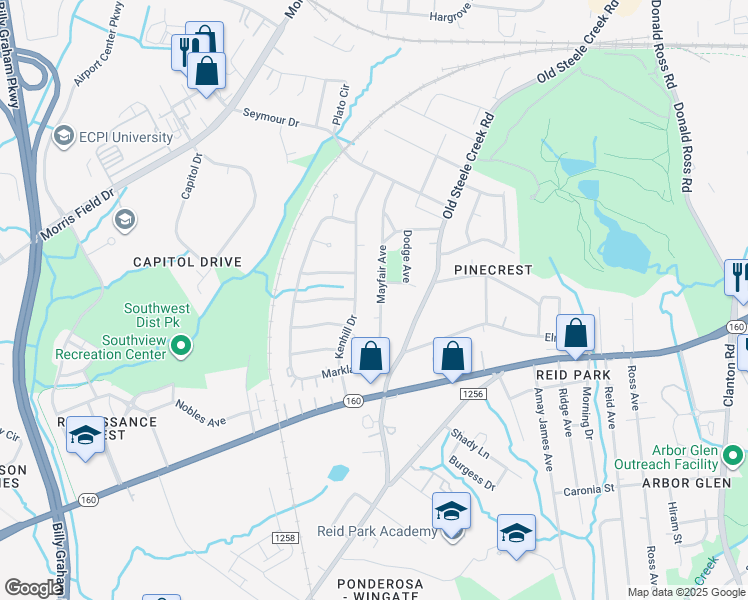 map of restaurants, bars, coffee shops, grocery stores, and more near 2736 Mayfair Avenue in Charlotte