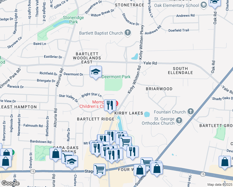map of restaurants, bars, coffee shops, grocery stores, and more near 6704 Golden Star Cove in Bartlett