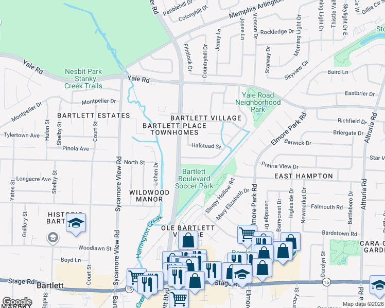 map of restaurants, bars, coffee shops, grocery stores, and more near 6037 Halstead Street in Bartlett
