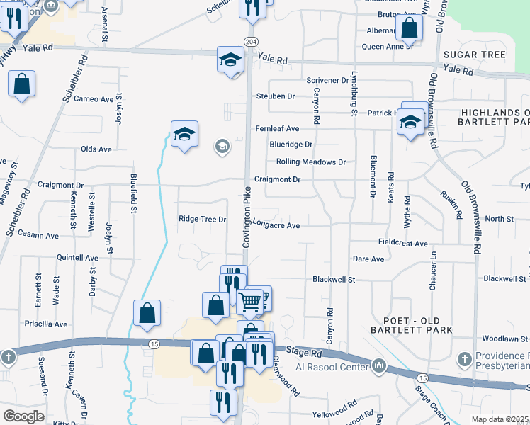 map of restaurants, bars, coffee shops, grocery stores, and more near 5095 Rolling Fields Drive in Memphis