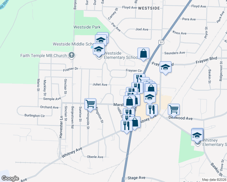 map of restaurants, bars, coffee shops, grocery stores, and more near 837 Juliet Avenue in Memphis