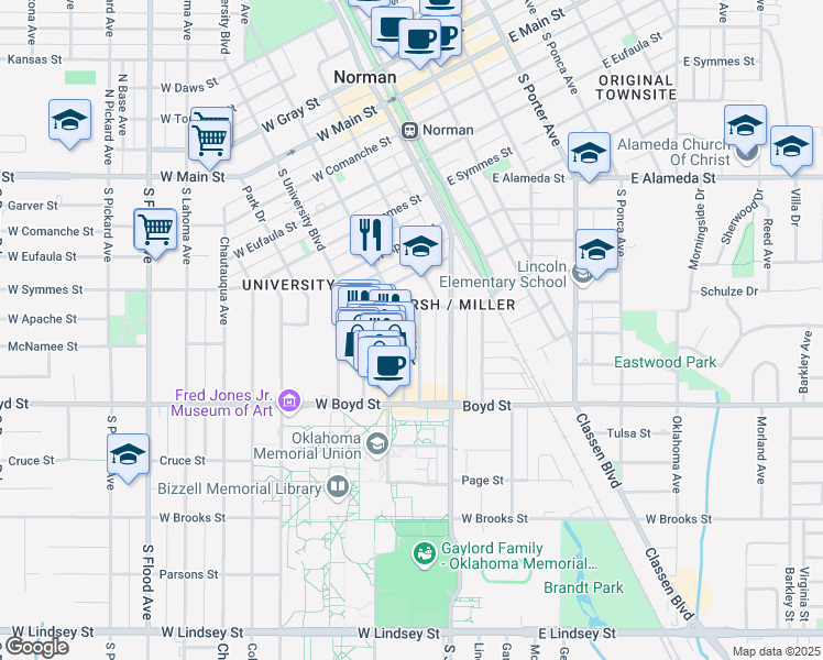 map of restaurants, bars, coffee shops, grocery stores, and more near 208 West Duffy Street in Norman