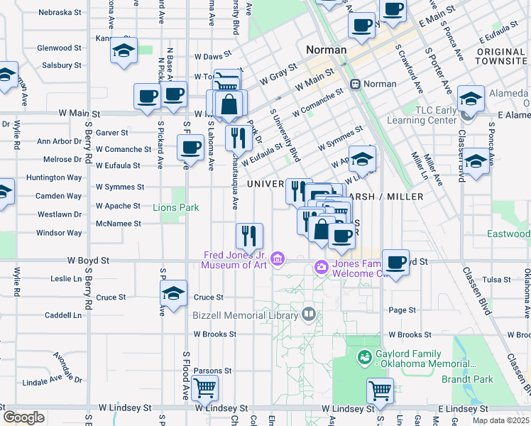 map of restaurants, bars, coffee shops, grocery stores, and more near 424 College Avenue in Norman