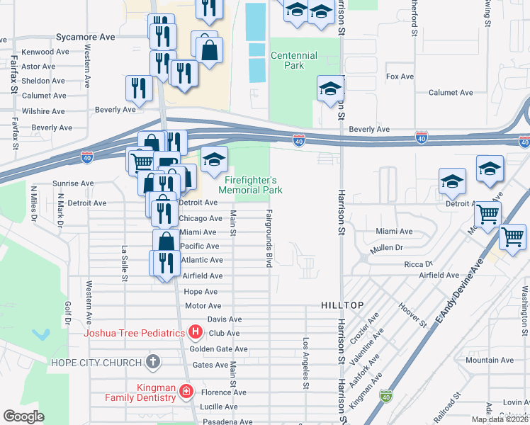 map of restaurants, bars, coffee shops, grocery stores, and more near 2026 Detroit Avenue in Kingman