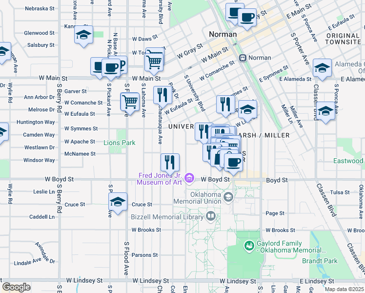 map of restaurants, bars, coffee shops, grocery stores, and more near 440 Elm Avenue in Norman