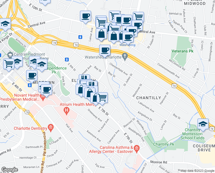map of restaurants, bars, coffee shops, grocery stores, and more near 2101 East 9th Street in Charlotte