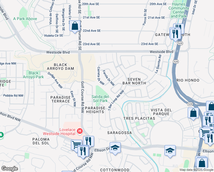 map of restaurants, bars, coffee shops, grocery stores, and more near 4400 Woodrose Road Northwest in Albuquerque