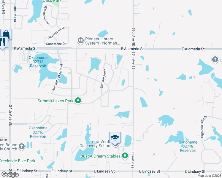 map of restaurants, bars, coffee shops, grocery stores, and more near 500 Ridge Lake Boulevard in Norman