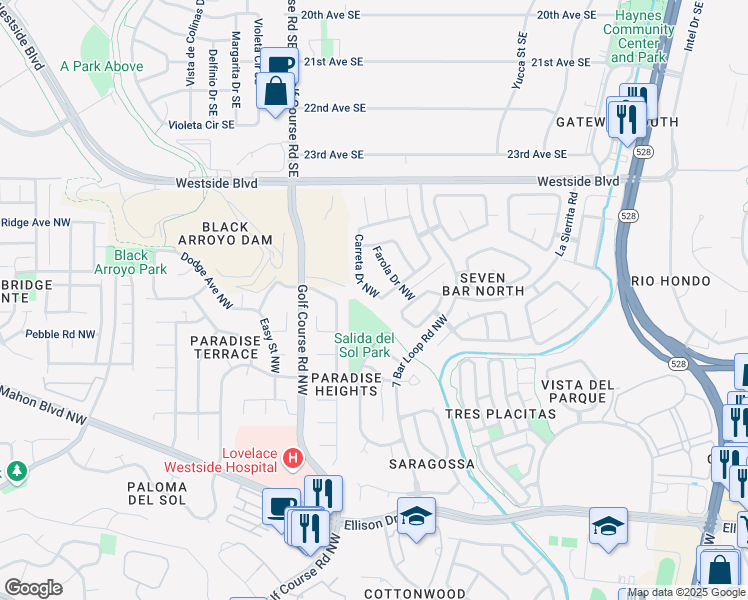 map of restaurants, bars, coffee shops, grocery stores, and more near 10905 Carreta Drive Northwest in Albuquerque