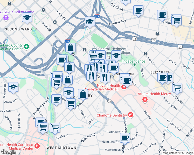 map of restaurants, bars, coffee shops, grocery stores, and more near 115 North Torrence Street in Charlotte