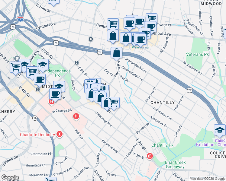 map of restaurants, bars, coffee shops, grocery stores, and more near 2017 East 9th Street in Charlotte