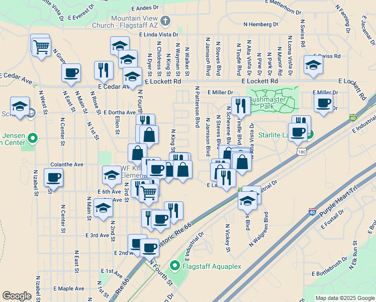 map of restaurants, bars, coffee shops, grocery stores, and more near 2813 North Patterson Boulevard in Flagstaff
