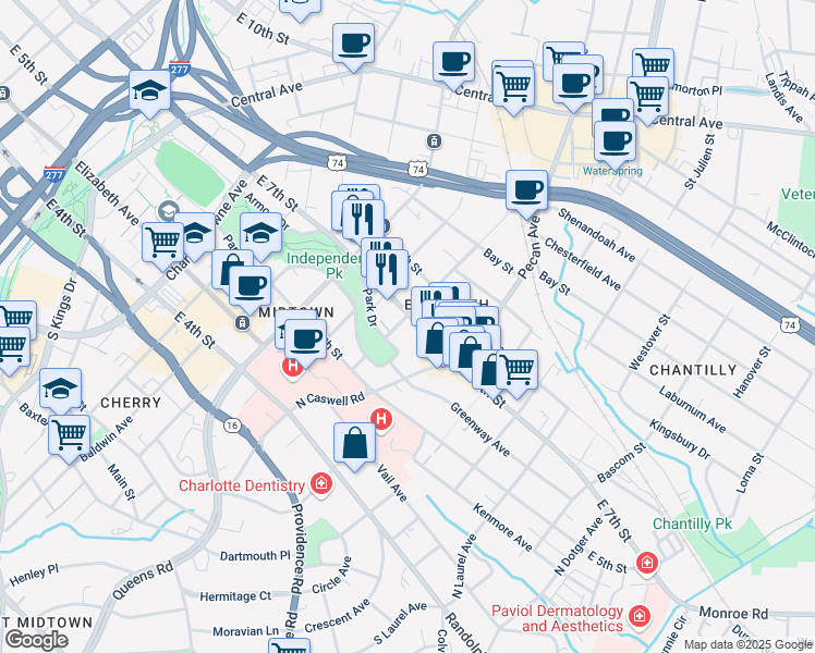 map of restaurants, bars, coffee shops, grocery stores, and more near 1828 East 7th Street in Charlotte