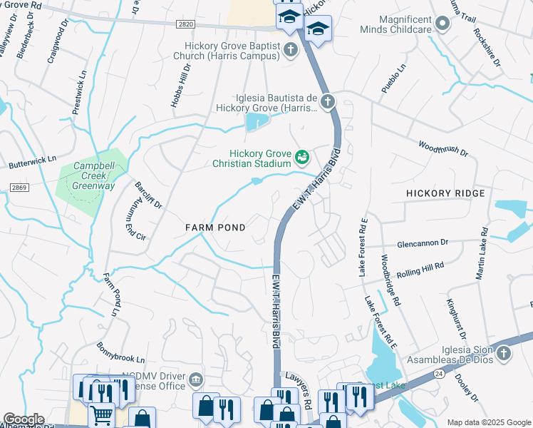 map of restaurants, bars, coffee shops, grocery stores, and more near 6000 Delta Crossing Lane in Charlotte