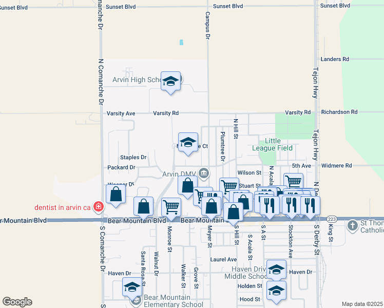 map of restaurants, bars, coffee shops, grocery stores, and more near 901 Nectarine Court in Arvin