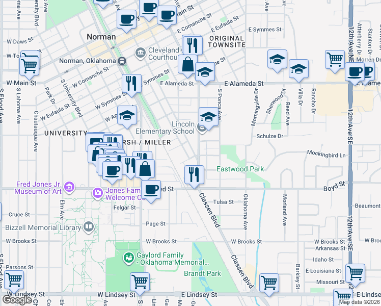 map of restaurants, bars, coffee shops, grocery stores, and more near 912 Miller Avenue in Norman