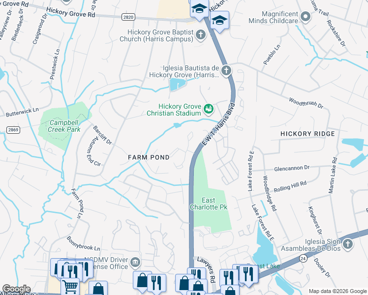 map of restaurants, bars, coffee shops, grocery stores, and more near 6001 Delta Crossing Lane in Charlotte
