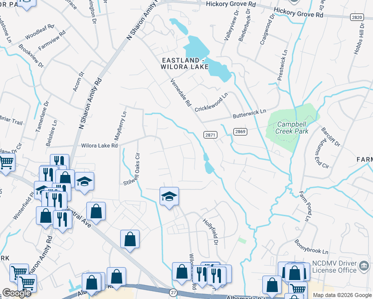 map of restaurants, bars, coffee shops, grocery stores, and more near 5801 Palmer Drive in Charlotte