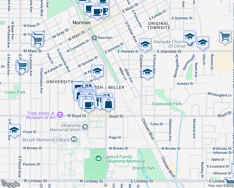 map of restaurants, bars, coffee shops, grocery stores, and more near 704 Monnett Avenue in Norman