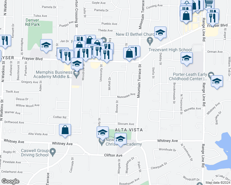 map of restaurants, bars, coffee shops, grocery stores, and more near 3223 Boone Street in Memphis