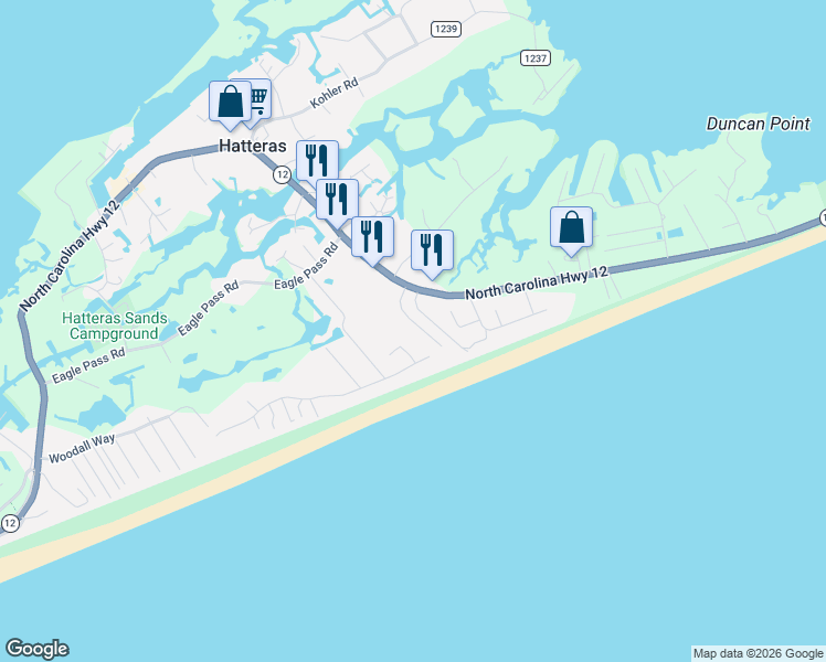 map of restaurants, bars, coffee shops, grocery stores, and more near 57211 Atlantic View Drive in Hatteras