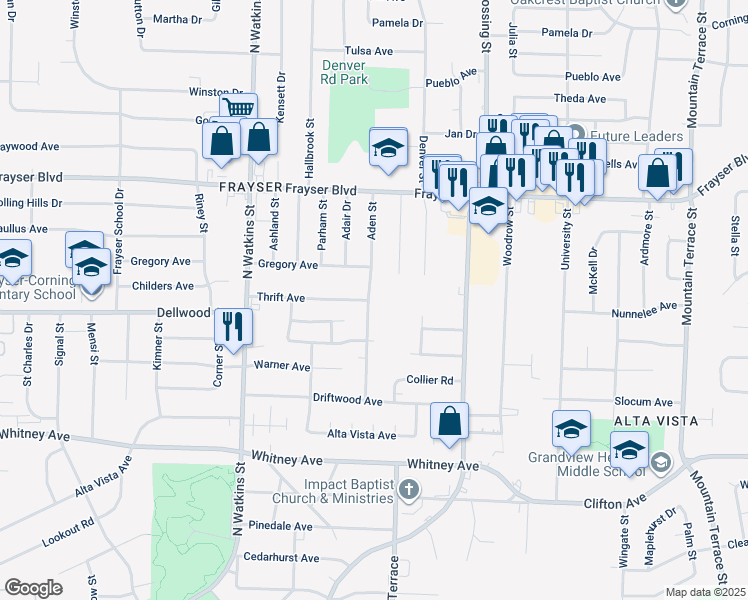 map of restaurants, bars, coffee shops, grocery stores, and more near 3241 Aden Street in Memphis