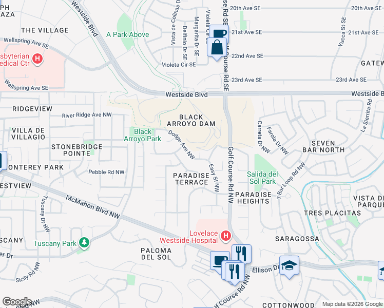 map of restaurants, bars, coffee shops, grocery stores, and more near 4837 Dodge Avenue Northwest in Albuquerque
