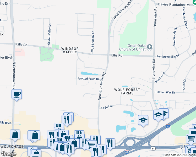 map of restaurants, bars, coffee shops, grocery stores, and more near 8538 Spotted Fawn Drive in Bartlett