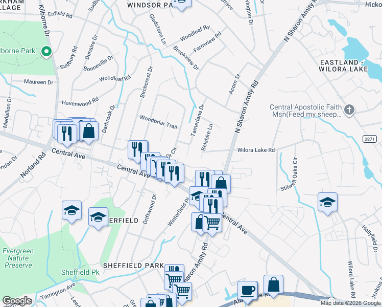 map of restaurants, bars, coffee shops, grocery stores, and more near 3930 Tamerlane Drive in Charlotte