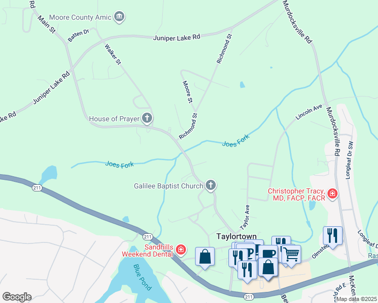 map of restaurants, bars, coffee shops, grocery stores, and more near Main Street in Pinehurst