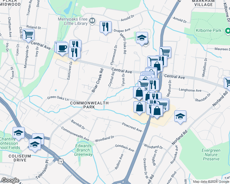 map of restaurants, bars, coffee shops, grocery stores, and more near 1401-1421 Cyrus Drive in Charlotte