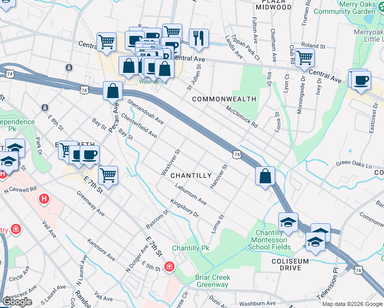 map of restaurants, bars, coffee shops, grocery stores, and more near 2328 Shenandoah Avenue in Charlotte