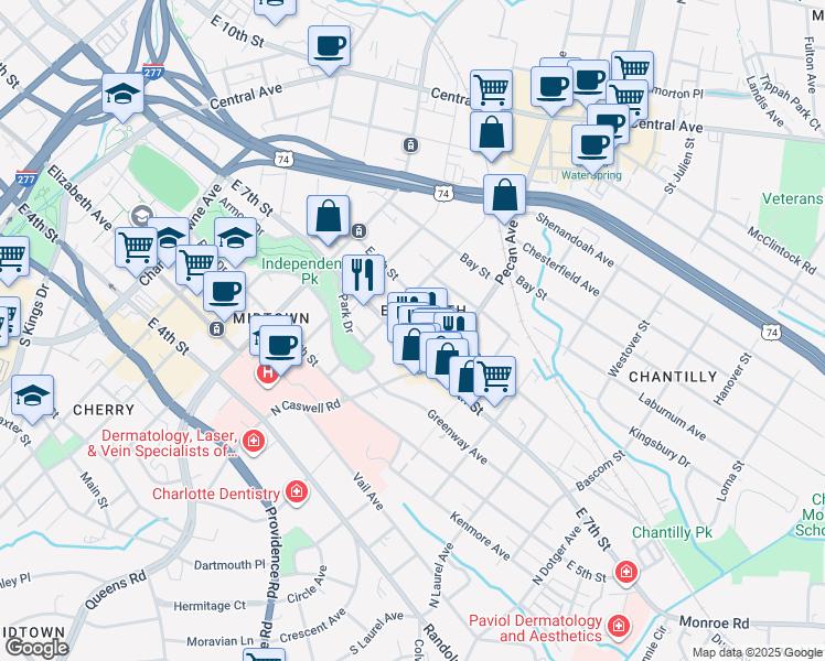 map of restaurants, bars, coffee shops, grocery stores, and more near in Charlotte