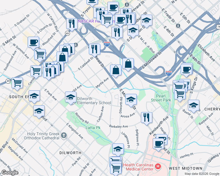 map of restaurants, bars, coffee shops, grocery stores, and more near 828 East Morehead Street in Charlotte