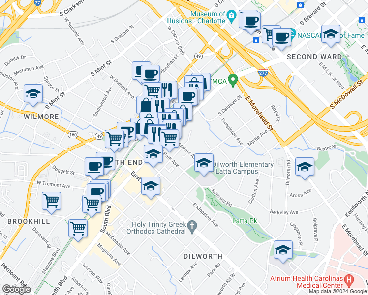 map of restaurants, bars, coffee shops, grocery stores, and more near 1432 Cleveland Avenue in Charlotte