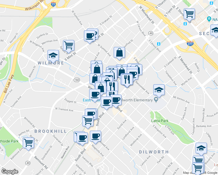 map of restaurants, bars, coffee shops, grocery stores, and more near in Charlotte