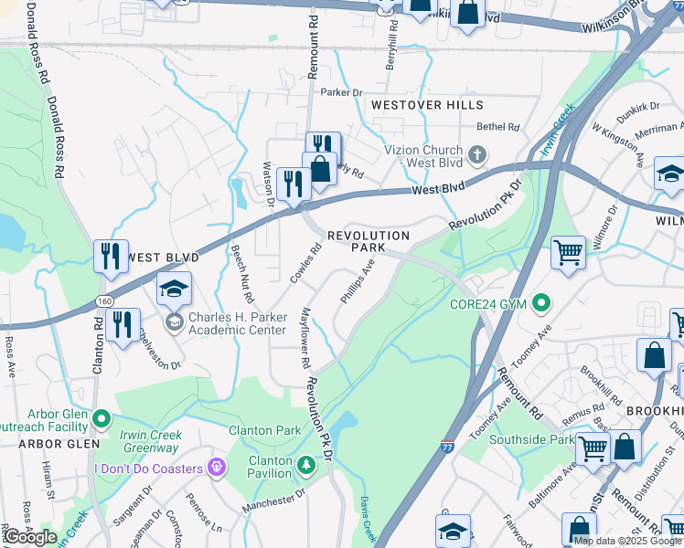 map of restaurants, bars, coffee shops, grocery stores, and more near 2714 Mayflower Road in Charlotte