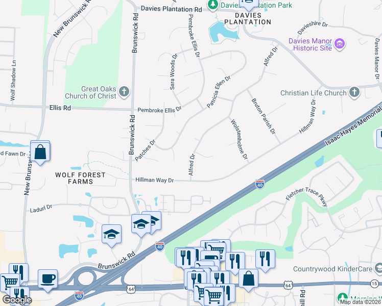 map of restaurants, bars, coffee shops, grocery stores, and more near 3215 Alfred Drive in Memphis