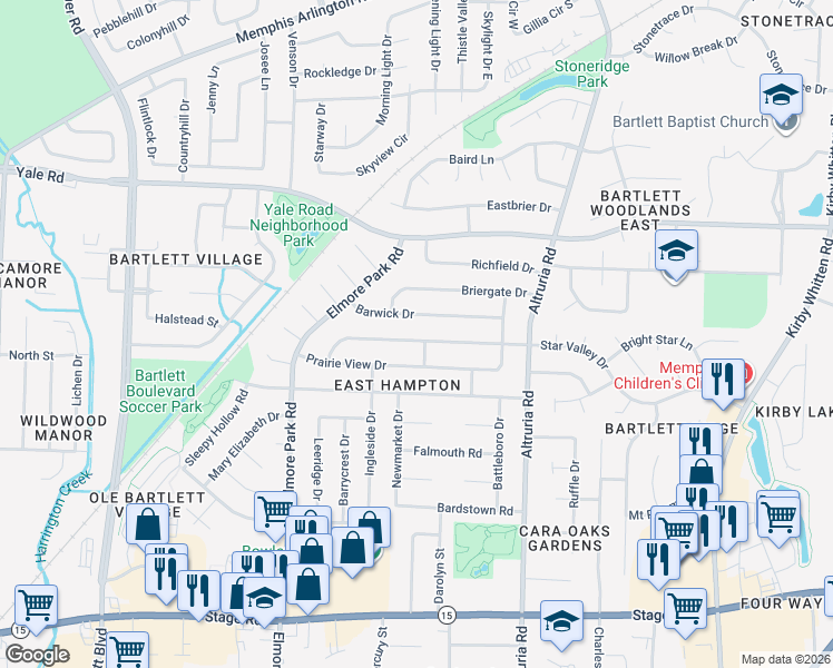 map of restaurants, bars, coffee shops, grocery stores, and more near 6353 Barwick Drive in Bartlett