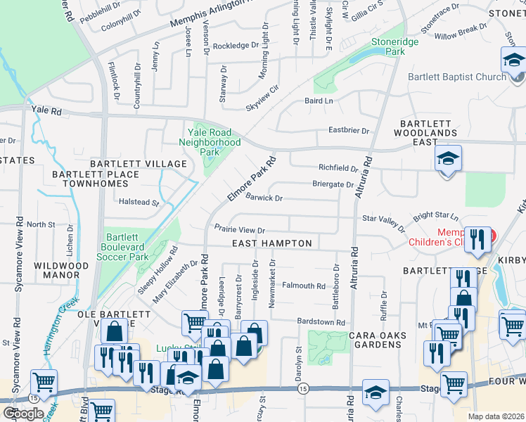 map of restaurants, bars, coffee shops, grocery stores, and more near 6303 Barwick Drive in Bartlett