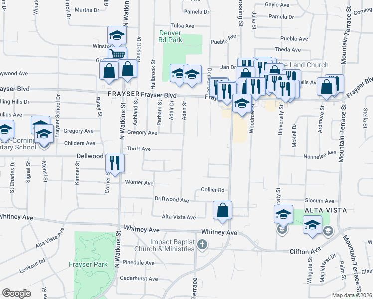 map of restaurants, bars, coffee shops, grocery stores, and more near 3241 Aden Street in Memphis