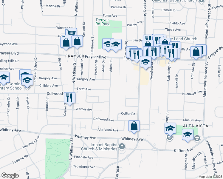 map of restaurants, bars, coffee shops, grocery stores, and more near 3241 Aden Street in Memphis
