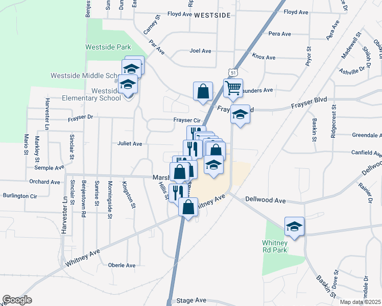 map of restaurants, bars, coffee shops, grocery stores, and more near 3240 Thomas Street in Memphis
