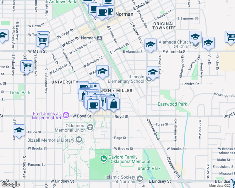 map of restaurants, bars, coffee shops, grocery stores, and more near 704 Monnett Avenue in Norman