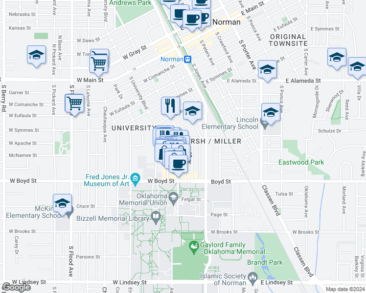 map of restaurants, bars, coffee shops, grocery stores, and more near 208 West Duffy Street in Norman