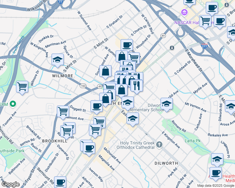map of restaurants, bars, coffee shops, grocery stores, and more near 1616 Camden Road in Charlotte