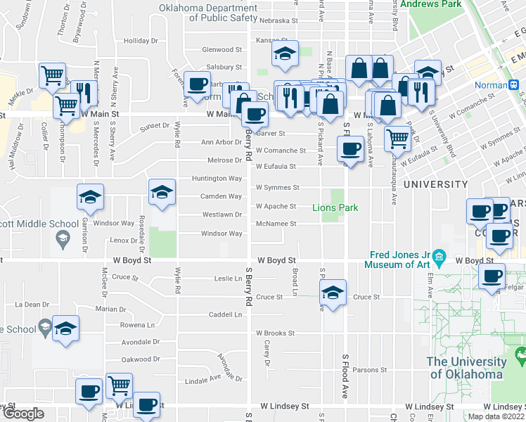 map of restaurants, bars, coffee shops, grocery stores, and more near 1108 West Apache Street in Norman